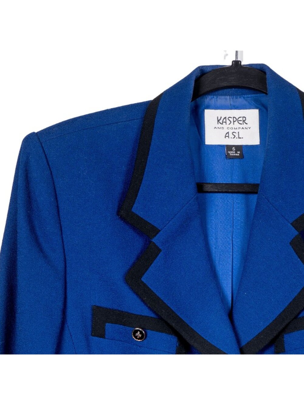 Kasper VTG Wool Jacket 6 Womens Blue Black Piping Button Colorblock 1980s - Picture 2 of 6